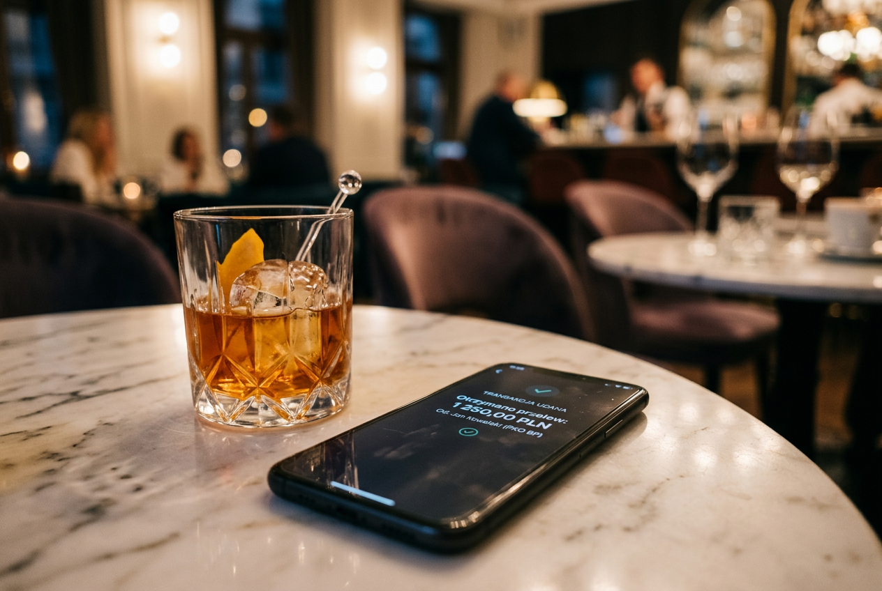 Smartphone showing a successful payment notification next to a luxury cocktail