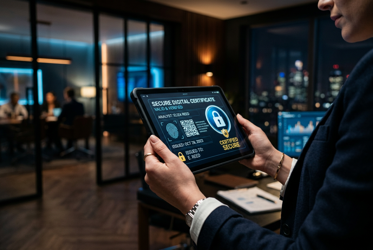 A high-end analyst workspace with digital certification seals and secure interfaces.