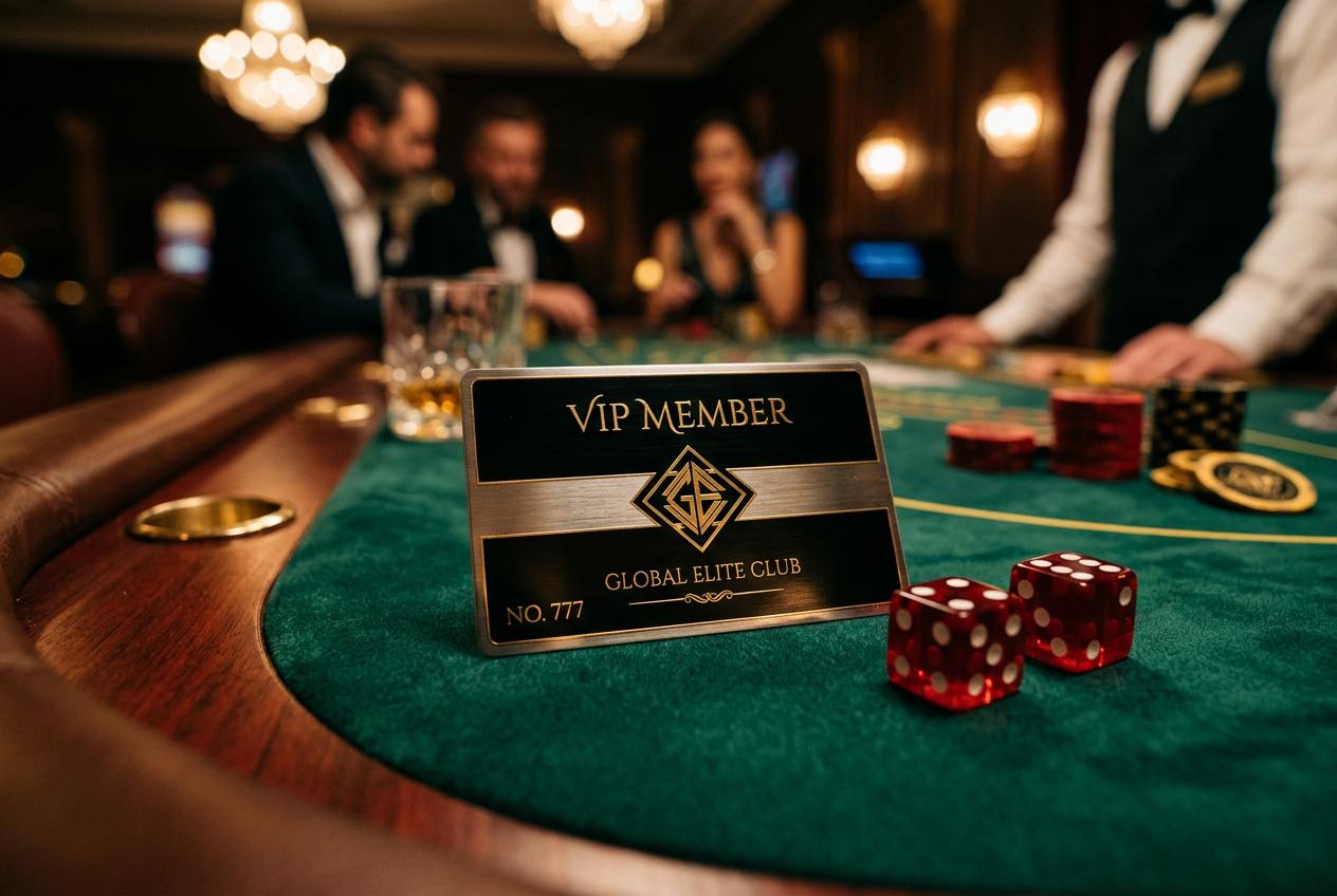 Luxury VIP casino card and dice on a velvet surface.