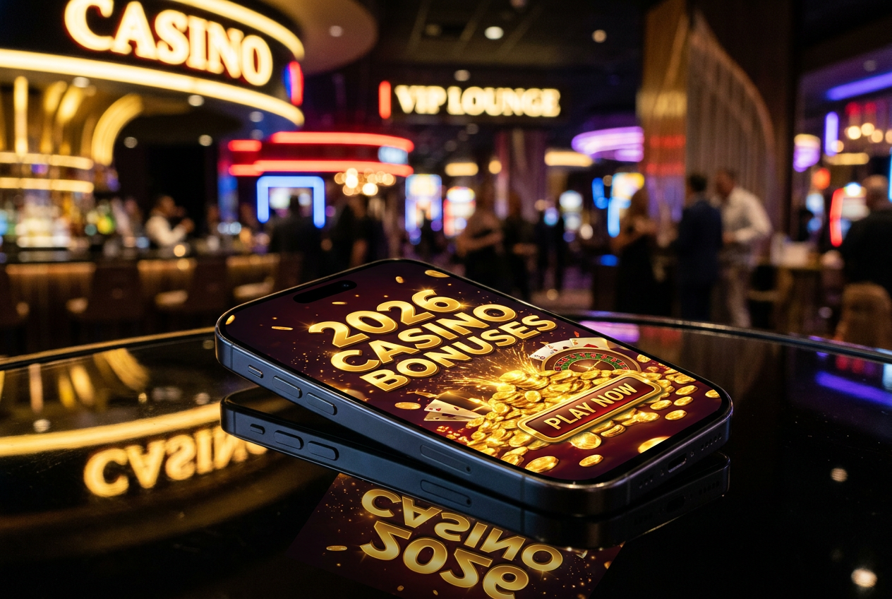 A high-end smartphone displaying colorful casino bonus offers.
