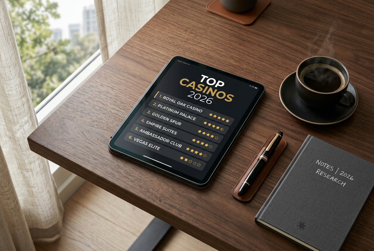 An expert's workspace with a tablet showing a casino ranking.